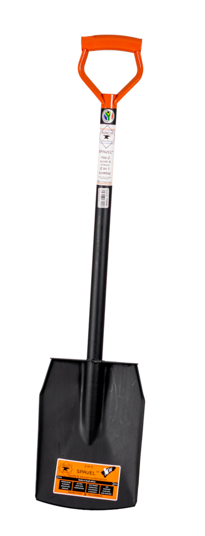 Macki Spavel product packaging showing a 2-in-1 spade and shovel combination tool. The package displays 'NEW' and 'MARKET FIRST TRADEMARKED' labels, emphasising it's a spade and shovel combo made in South Africa. The Macki brand logo is prominently featured.