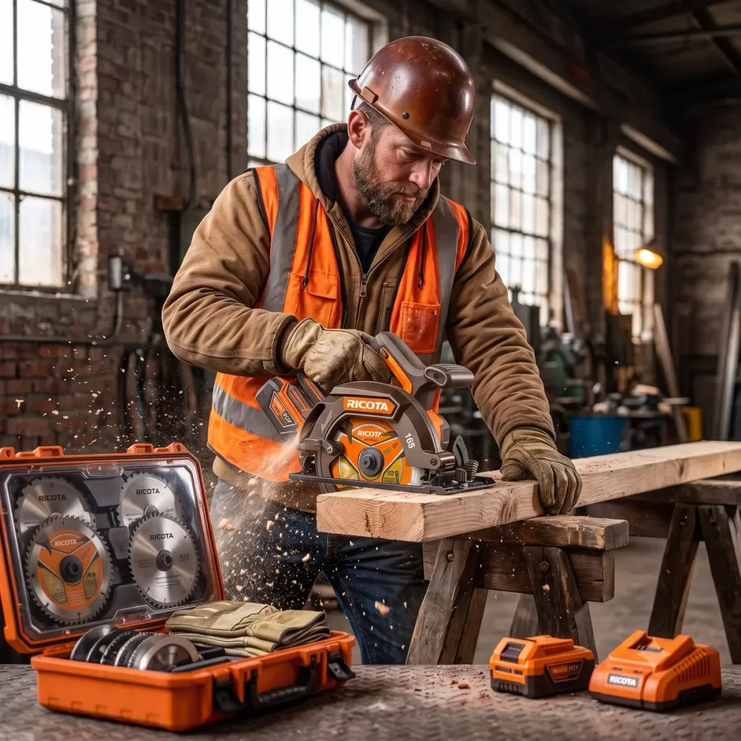 Tradesman using Ricota saw to cut wooden beam.